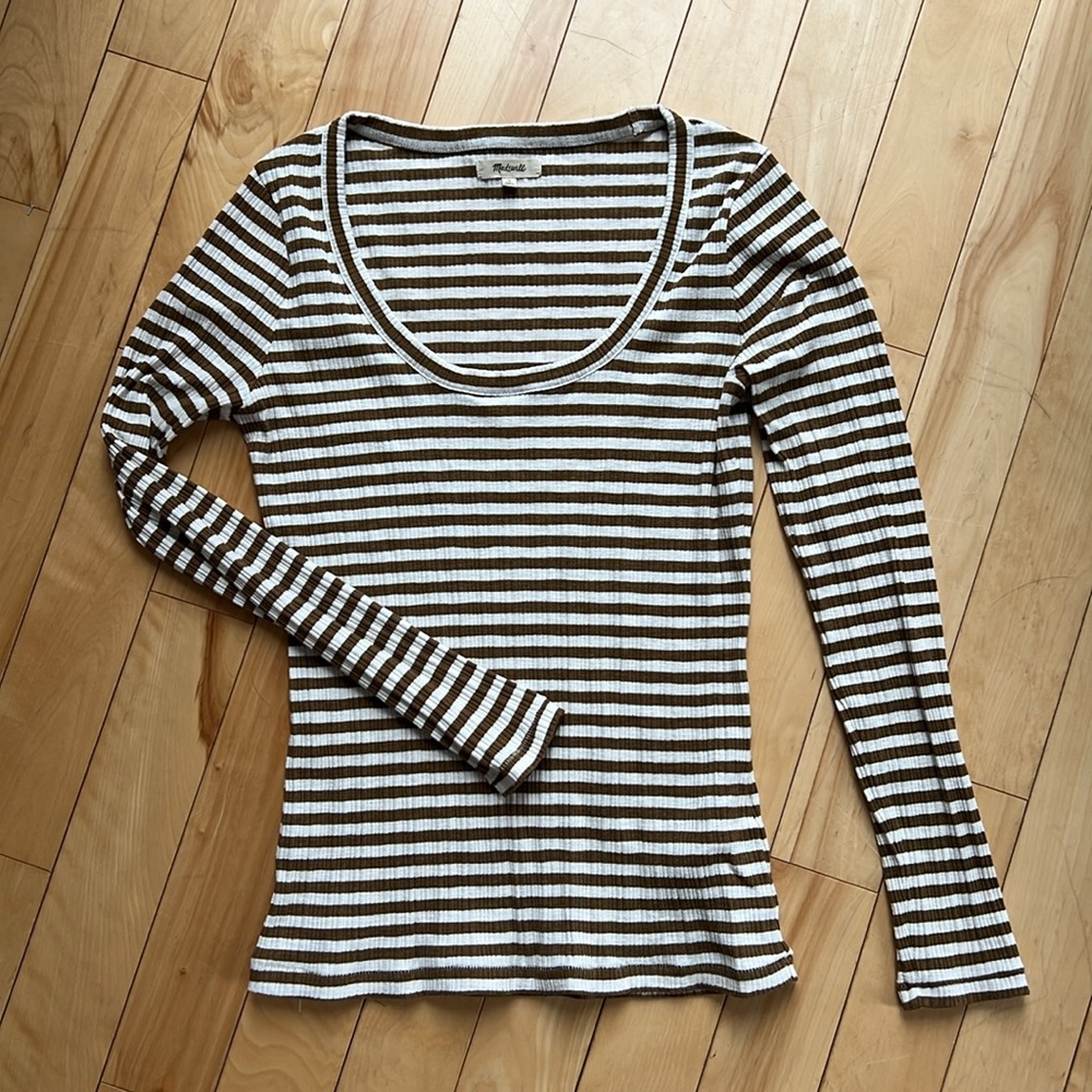 Madewell Pointelle Square-Scoop Tee in Stripe white & green olive - Size Large